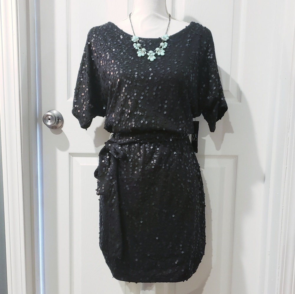 NWT NY&CO Black Sequined Cold Shoulder Dress